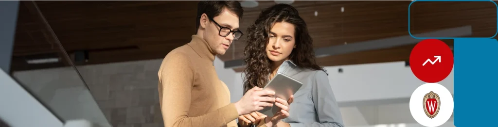 “Two individuals, one holding a tablet and the other a smartphone, with a shield logo in the corner.”